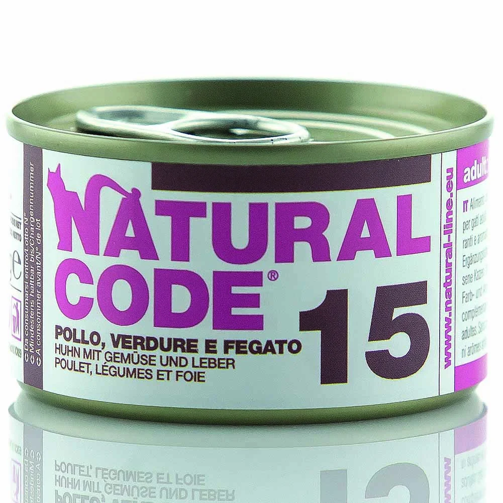 Alimento gatto umido Natural Code 15 fiocchi di pollo Verdure fegato e riso 85g