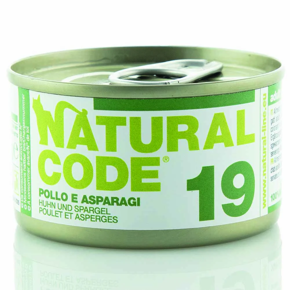 Alimento gatto umido Natural Code 19 Pollo asparagi e riso 85g