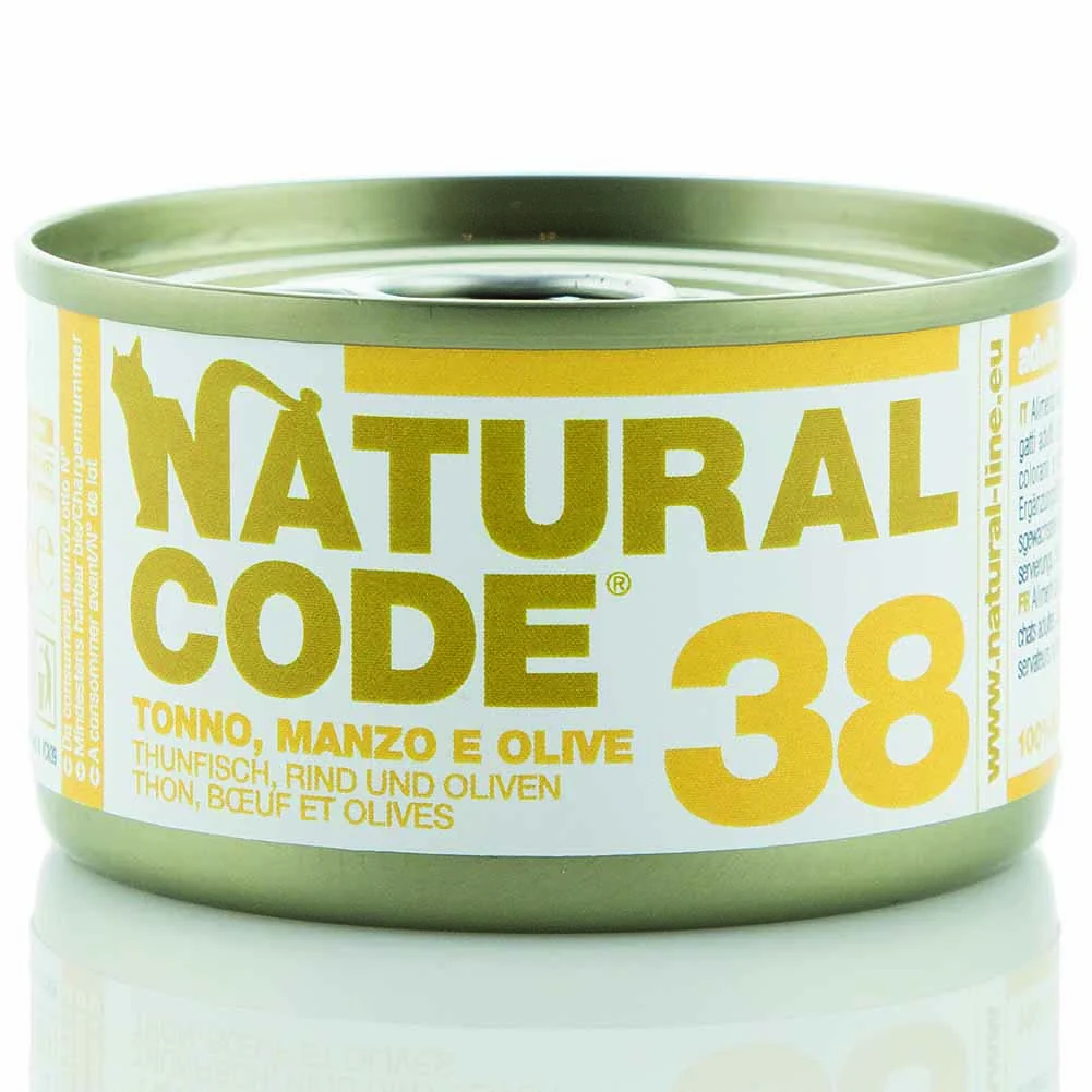 Alimento gatto umido Natural Code 38 Tonno manzo e olive 85g