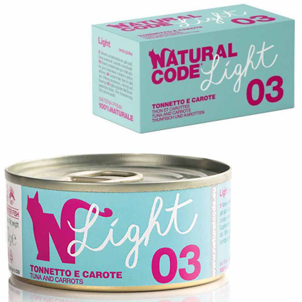 Alimento gatto umido Natural Code Light 03 Tonnetto e carote 70gx 4 lattine