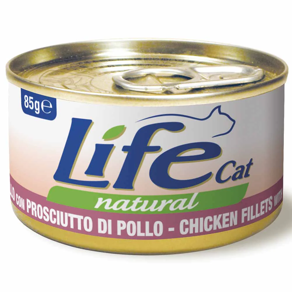 Life Cat Natural Filetti di Pollo e Prosciutto di Pollo cibo umido per gatti adulti 85g